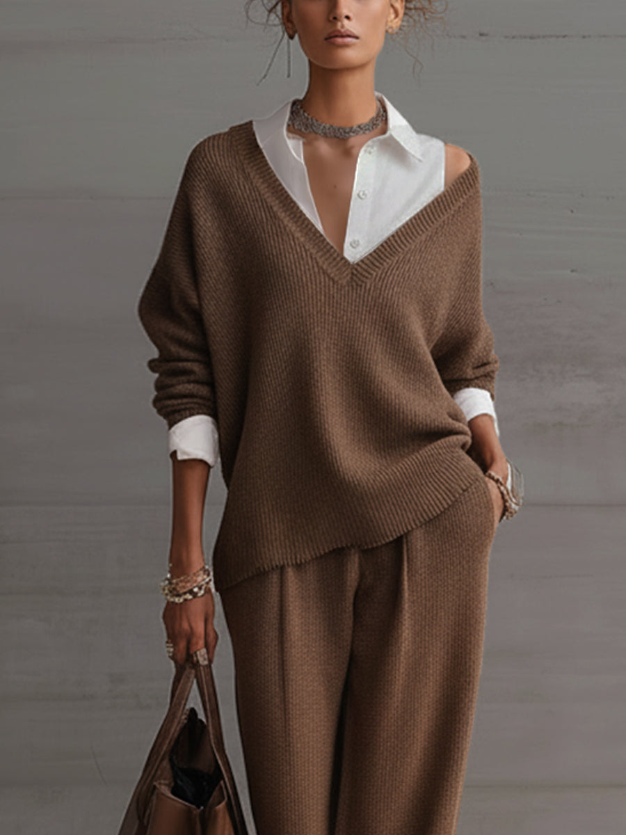 Brown Loose Fit Knitted Two Piece Sweater And Wide Leg Pants Set