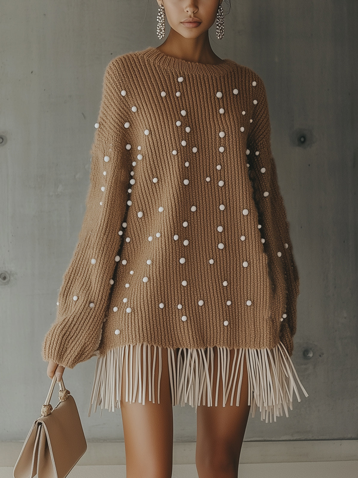 Brown Beaded Fringed Hem Knit Mini Dress