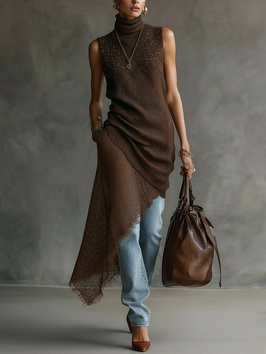 Coffee Beaded Sleeveless Turtleneck Knit Dress With Asymmetric Hem