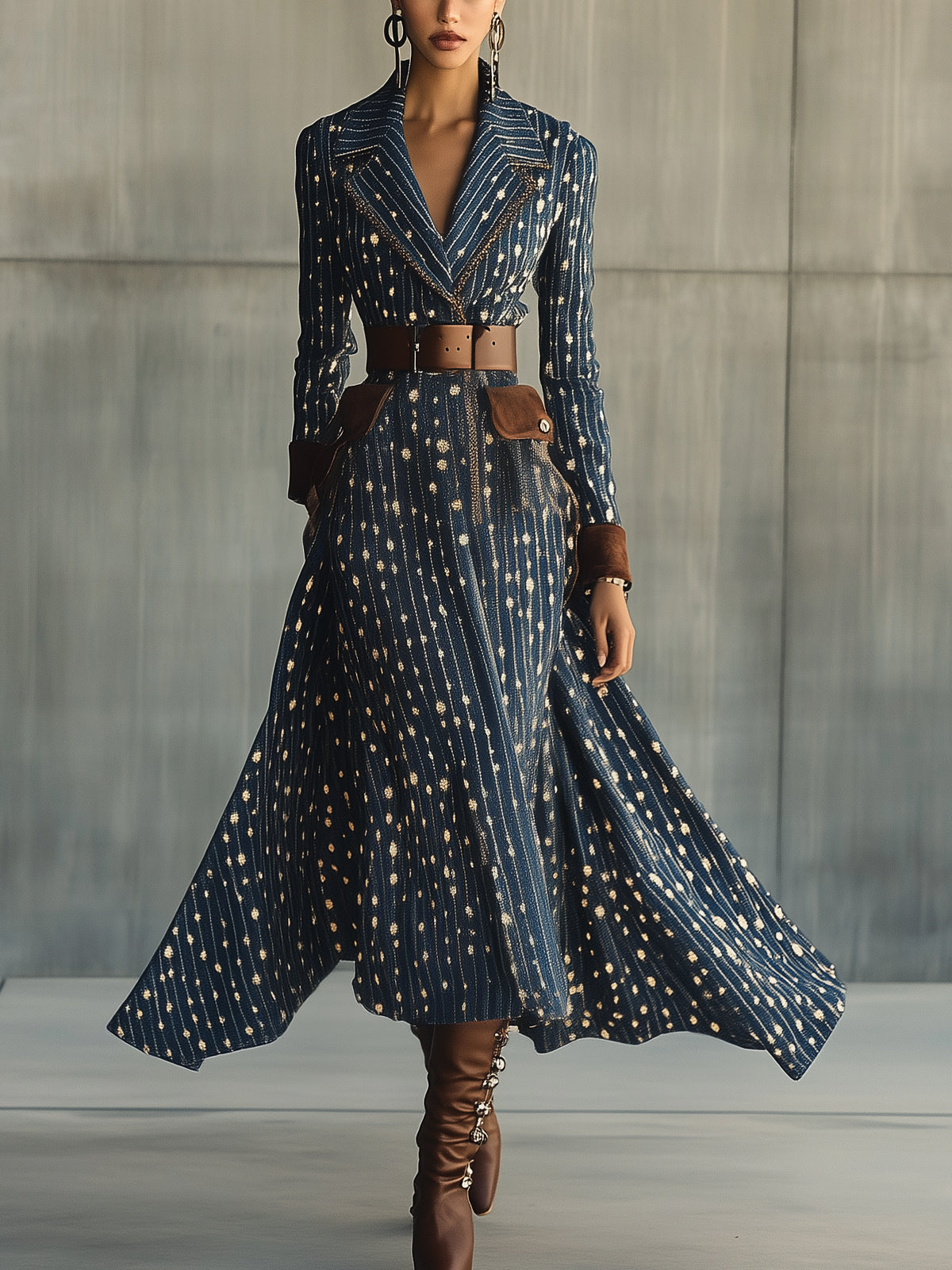 Blue Chic Pinstripe Lapel Midi Dress