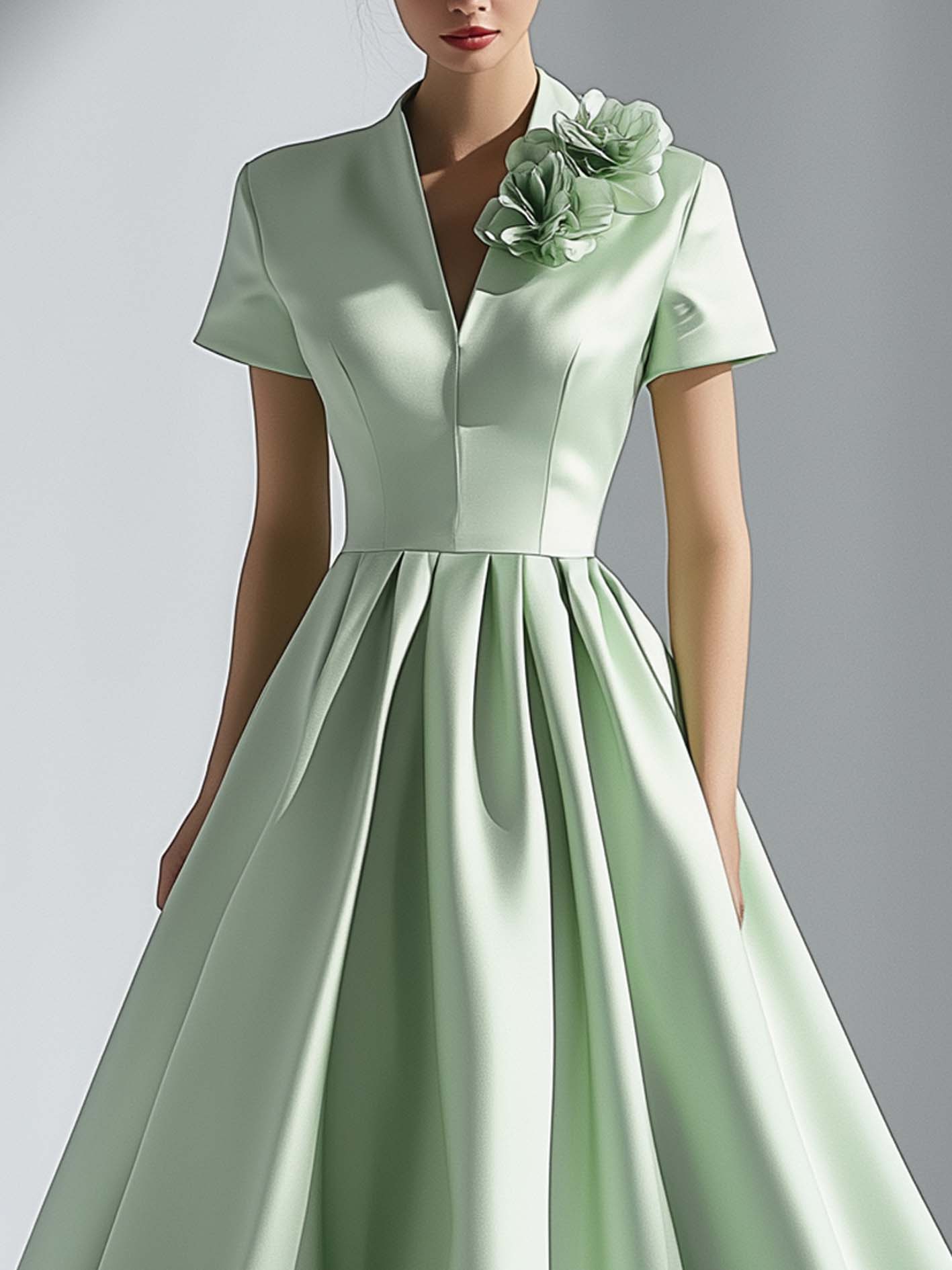 Elegant Mint Green Satin Maxi Dress With 3D Flowers