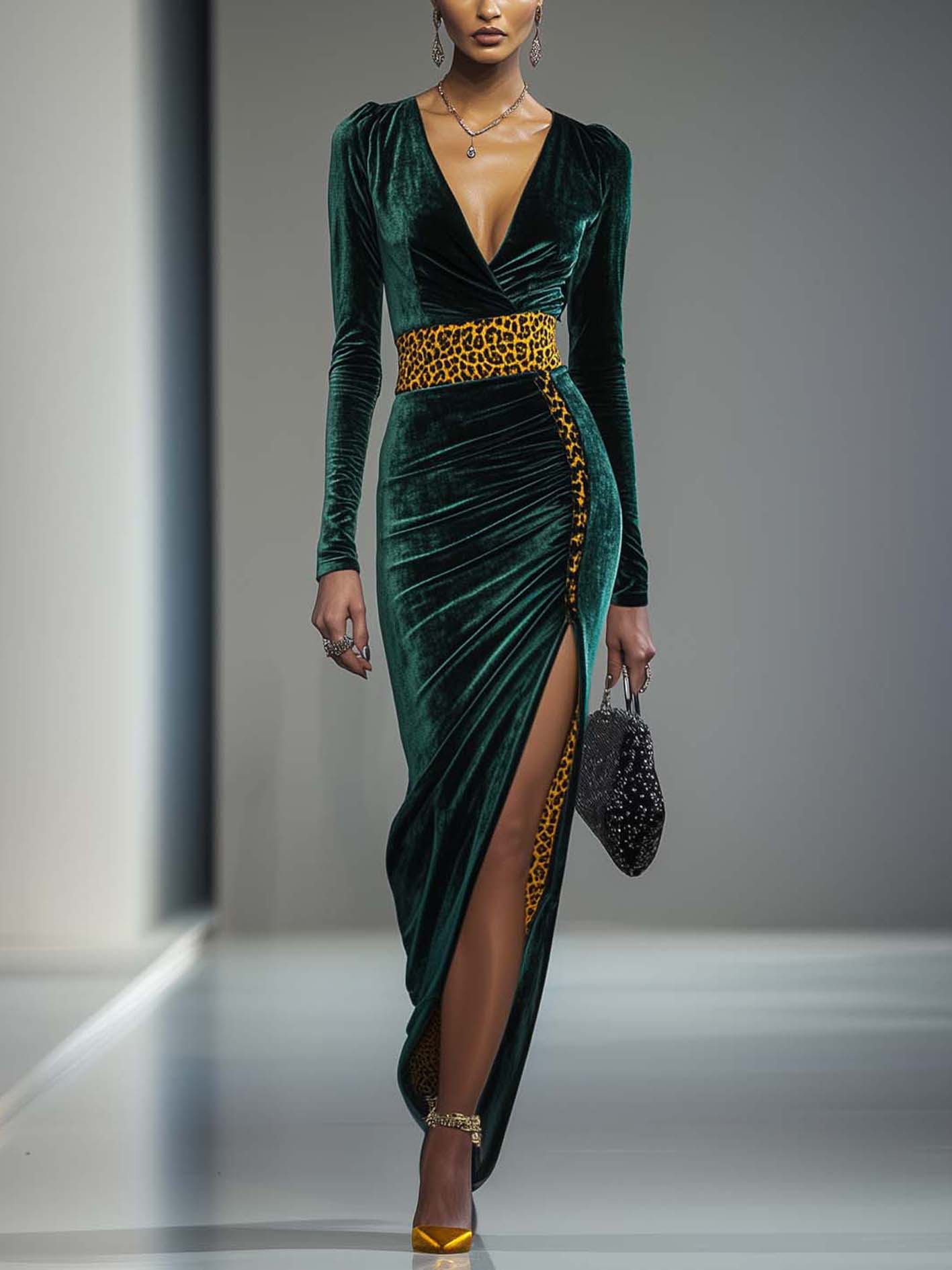 Dark Green Velvet Front Slit Bodycon Dress With Yellow Leopard Print