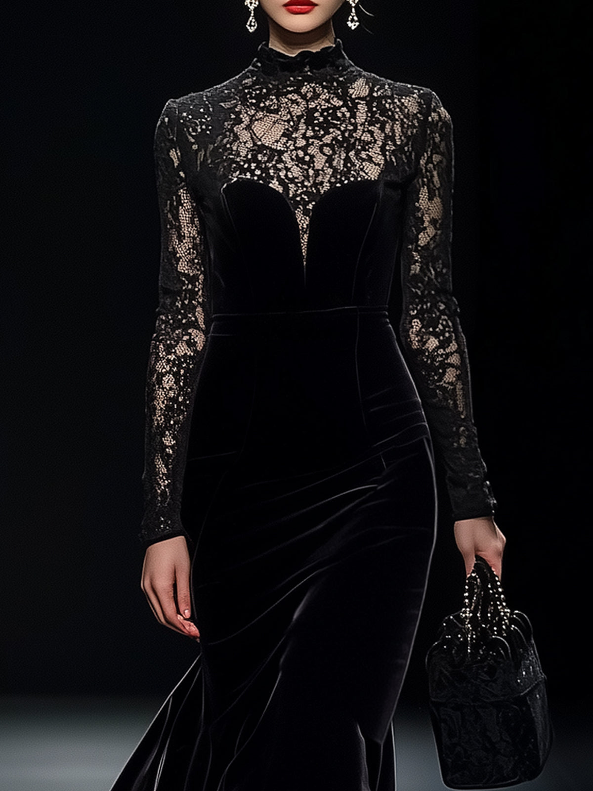 Black Velvet Lace High-Neck Maxi Dress