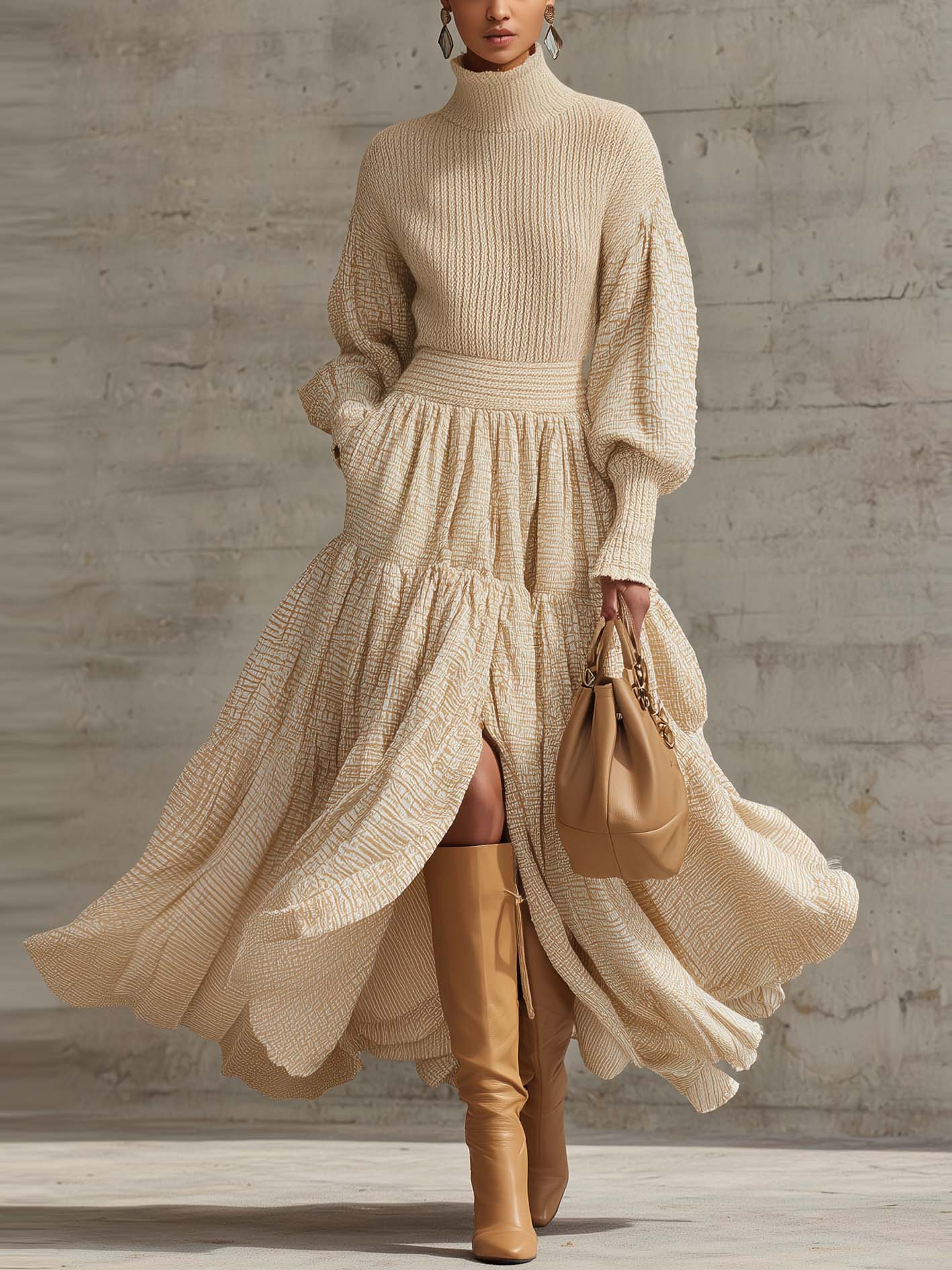 Beige Midi Dress With Patchwork Knit Fabric