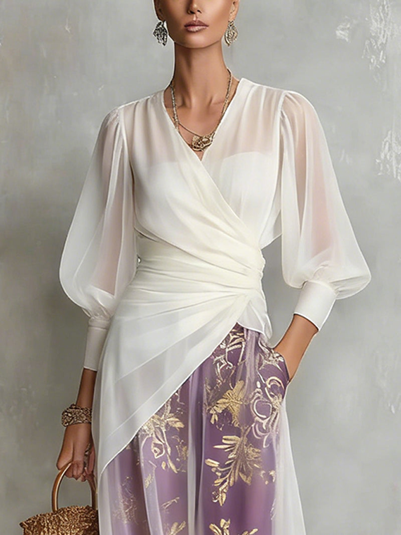 White Chiffon Wrap Shirt And Sheer Print Harem Pants Set