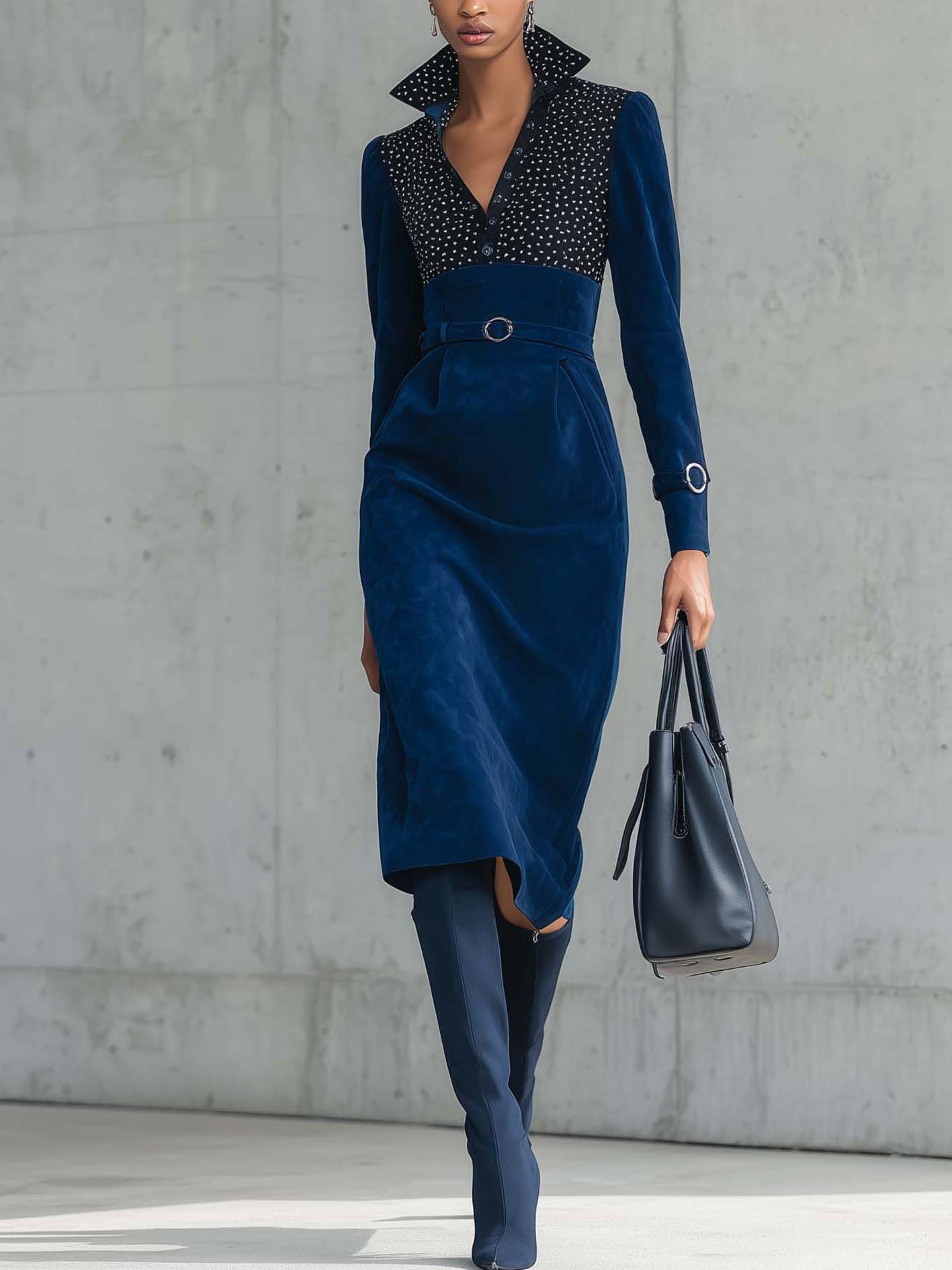 Navy Blue Faux Suede Bodycon Dress With Polka Dots