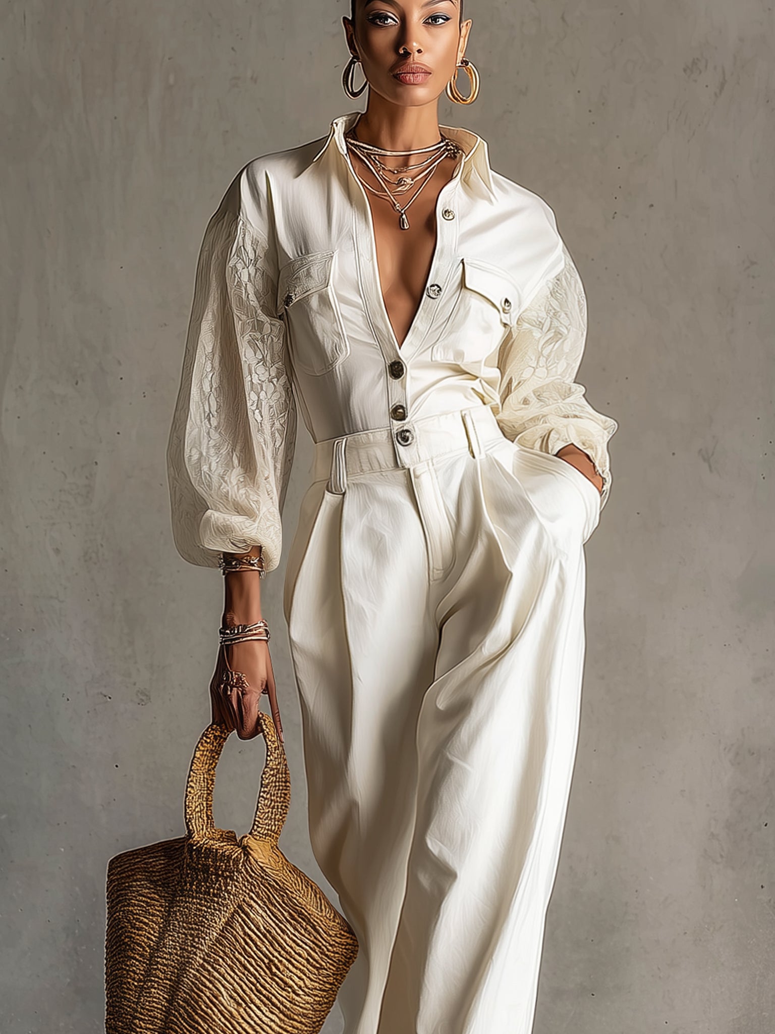 Ivory Cotton Set With Chiffon Sleeves And Silver Buttons