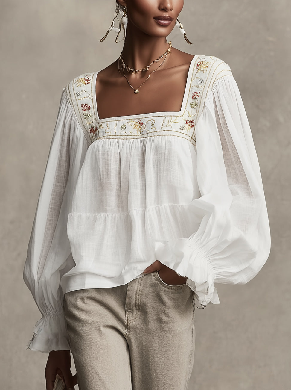 White Embroidered Square-Neck Long-Sleeve Boho Blouse