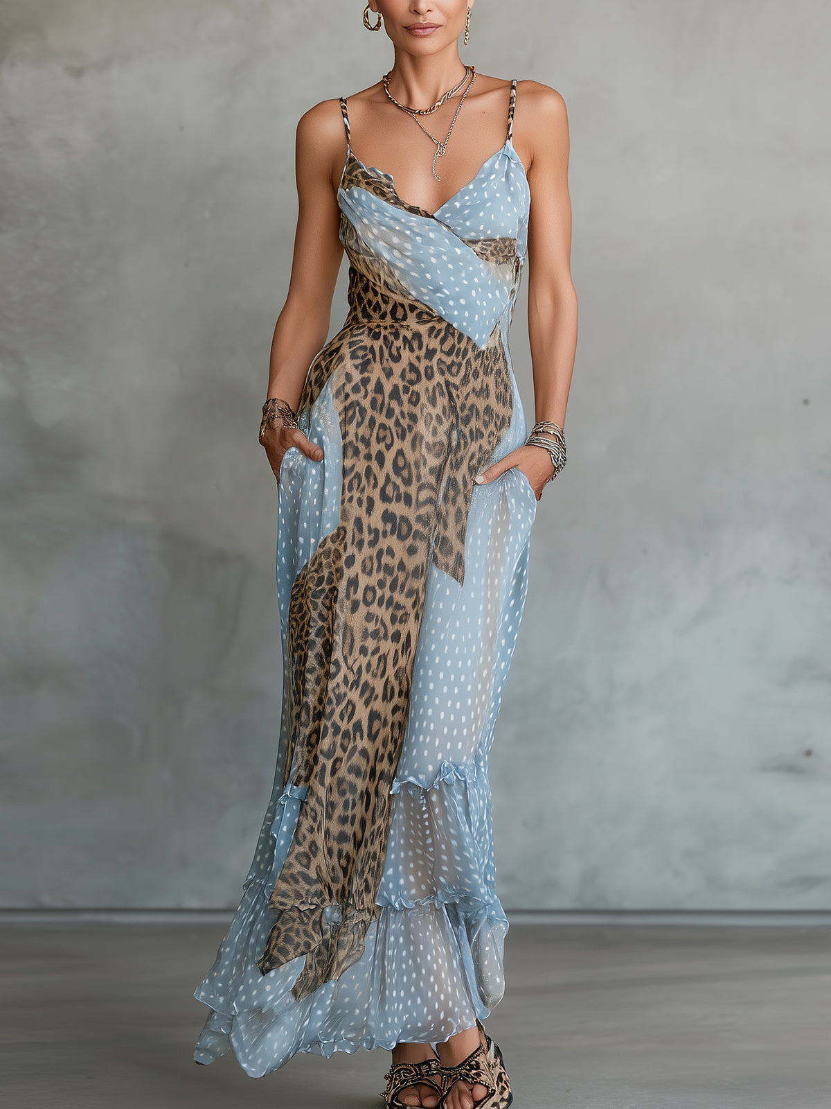 Blue Polka Dot And Leopard Patchwork Chiffon Maxi Dress