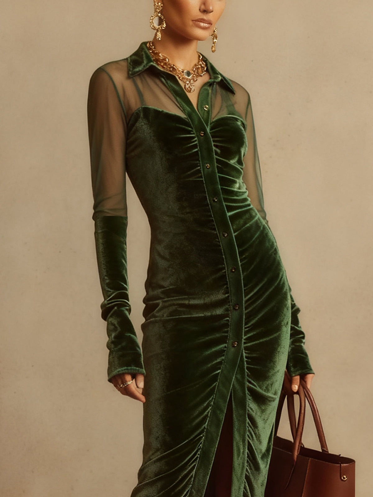 Green Velvet Mesh Sleeve Button-Up Midi Dress