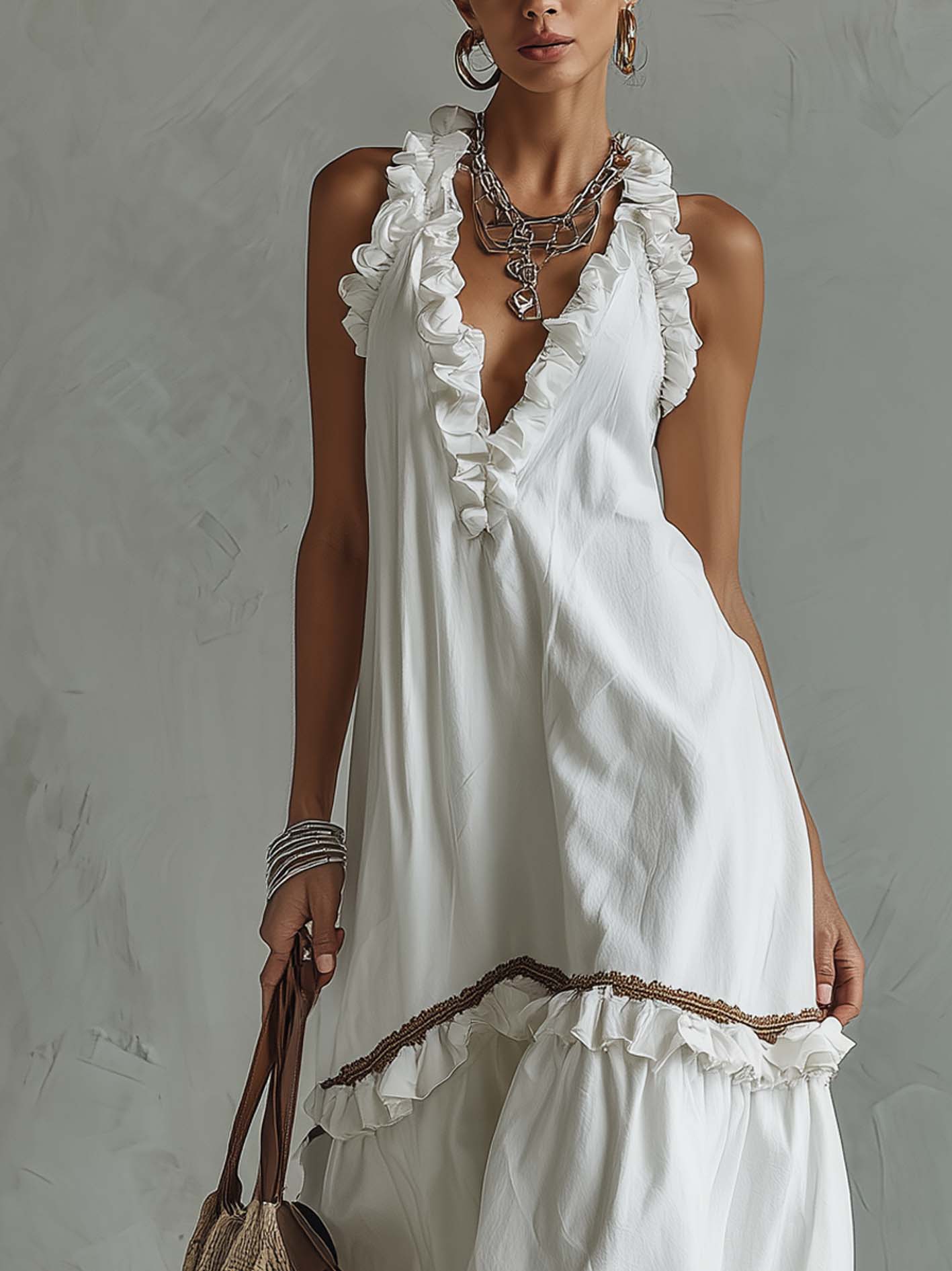 White Cotton Linen Ruffled Lace Trim Sleeveless Maxi Dress