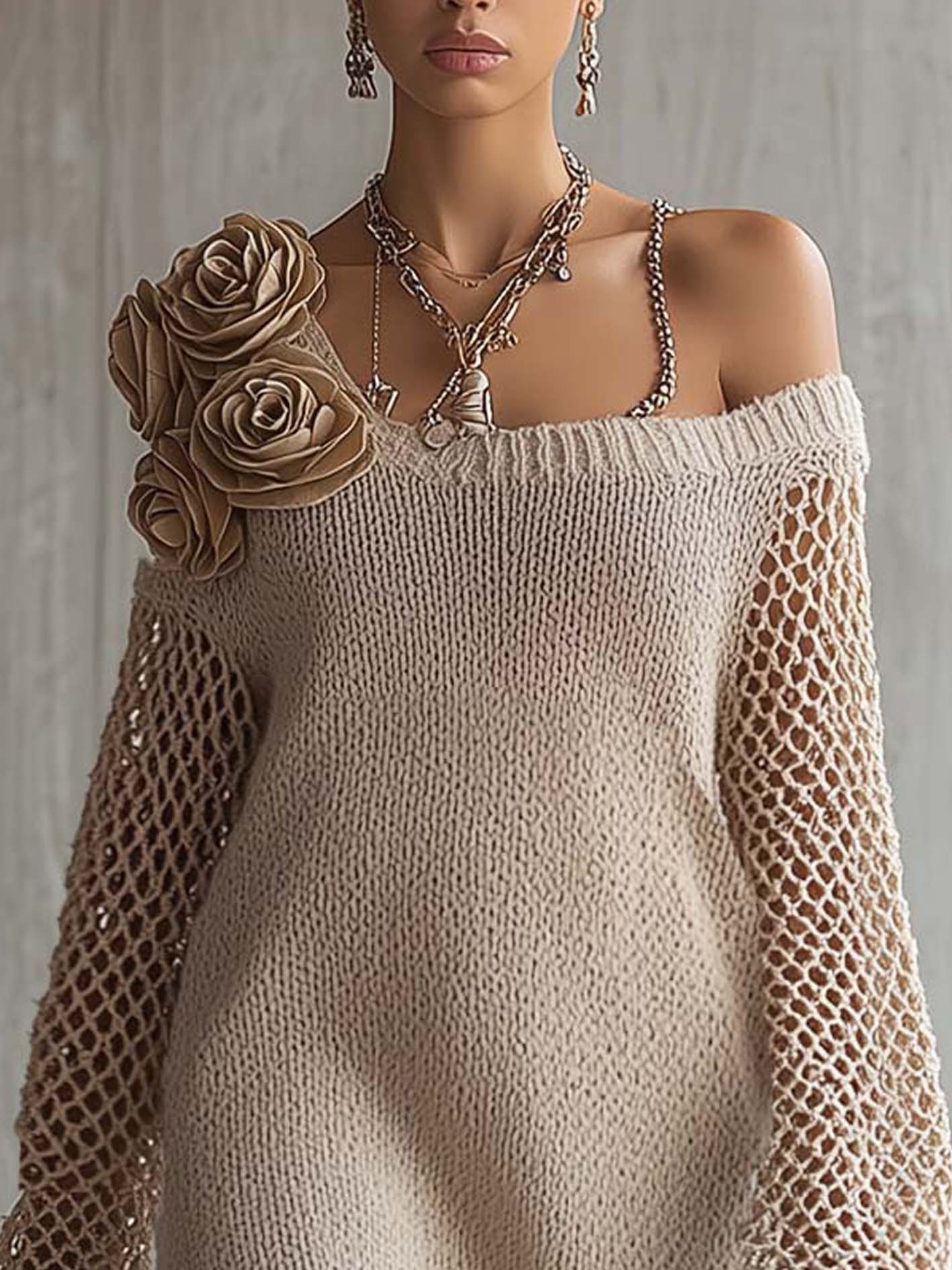 Beige One Shoulder 3D Flower Knit Mini Dress With Mesh Sleeves