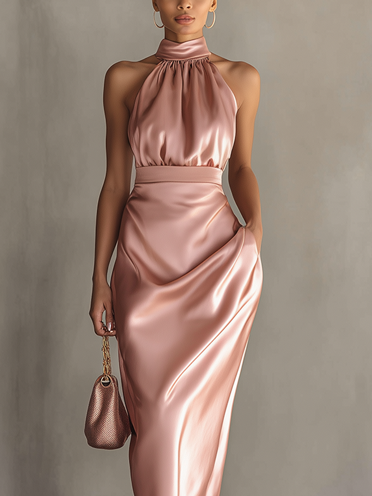 Pink Satin Halter Neck Elegant Midi Dress