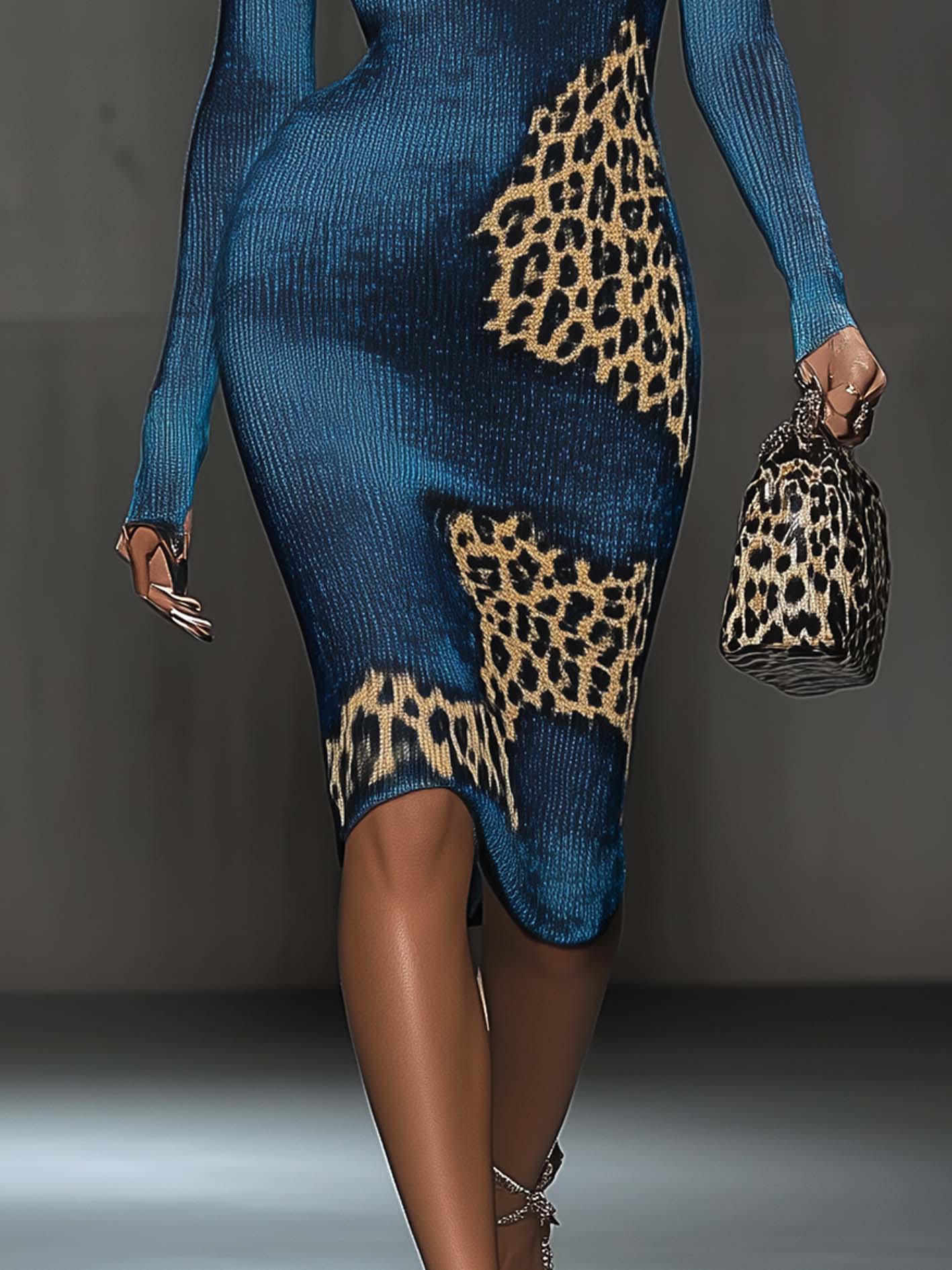 Navy Knit Midi Bodycon Dress With Leopard Print