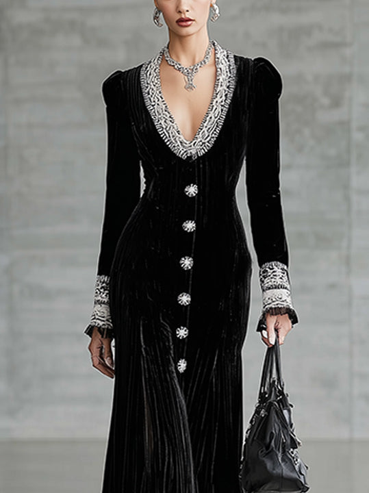 Black Velvet Button-Front Midi Dress