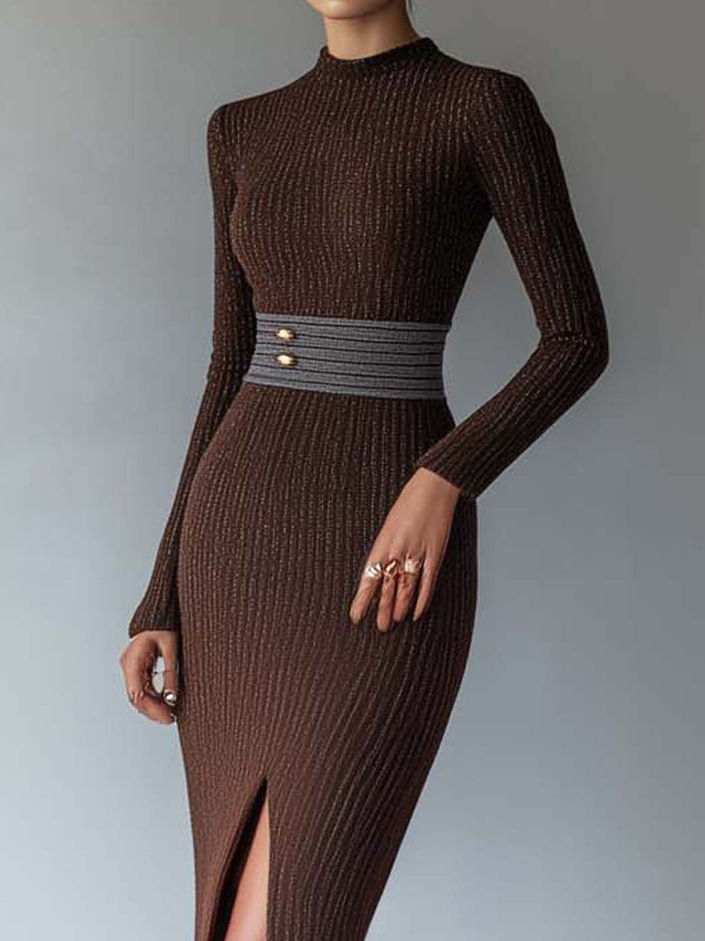 Brown Knitted Midi Bodycon Dress With Belt And Front Slit