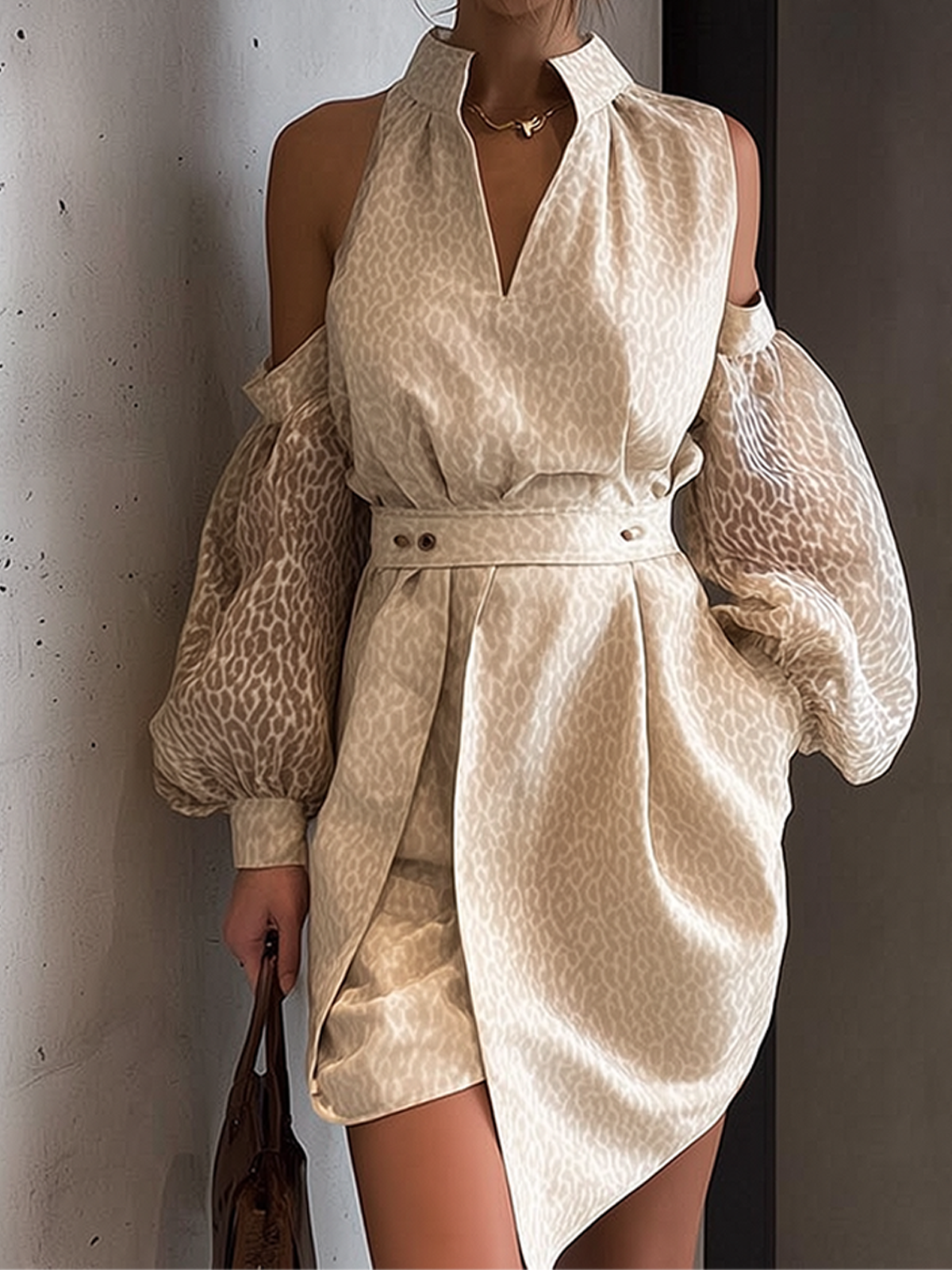 Champagne  Cold-Shoulder Balloon Sleeve Wrap Mini Dress