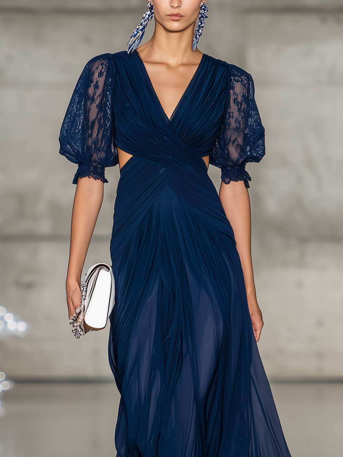 Navy Blue Chiffon Lace Puff Sleeve Maxi Dress