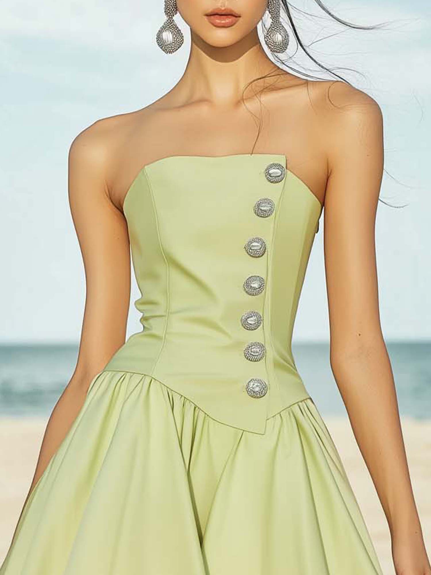 Off Shoulder Fashionable Light Green Satin Mini Dress With Buttons
