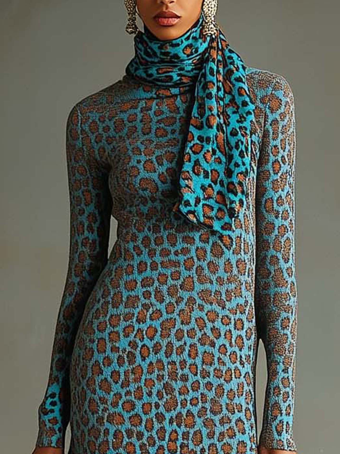 Teal Knitted Midi Dress With Leopard Print And Scarf Neckline
