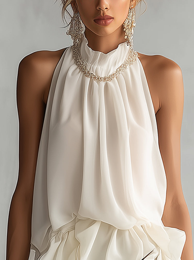 Ivory Ruffled Chiffon Blouse With Asymmetrical Hem