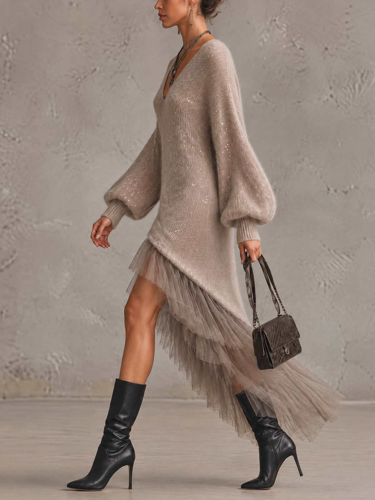 Taupe Sequin Mohair Knit Midi Dress With Sheer Tulle Tiered Ruffle Skirt