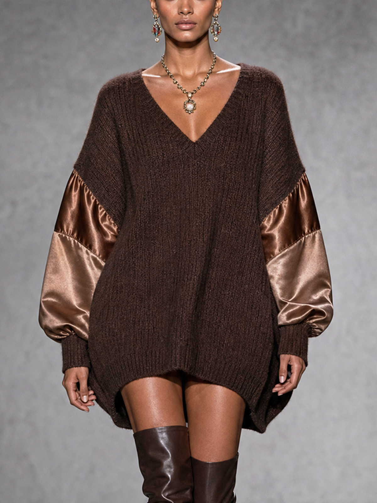 Dark Brown Ribbed Knit Satin Patchwork V-Neck Oversized Mini Sweater Dress