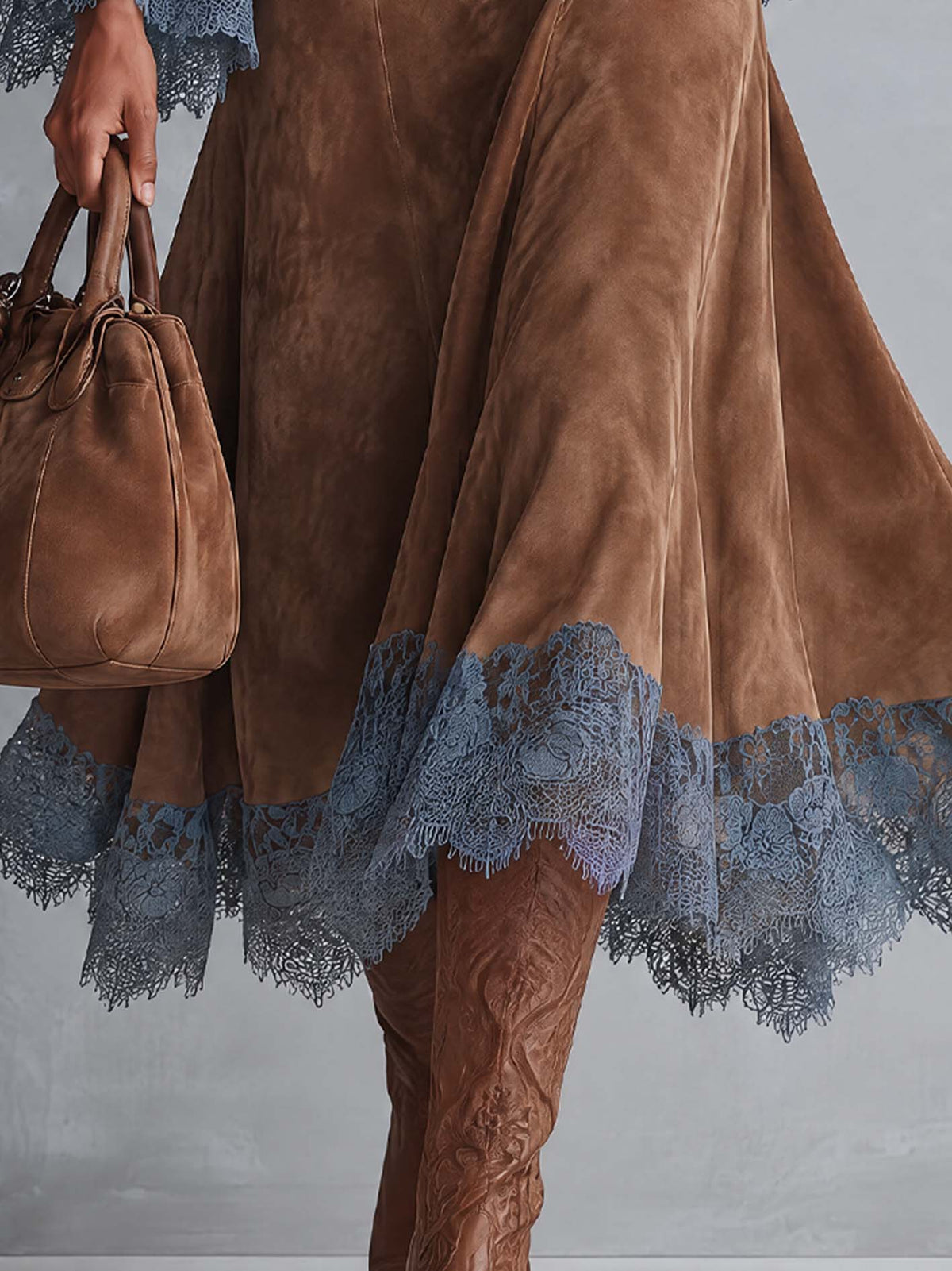 Camel Faux Suede Lace-Hem Midi Skirt