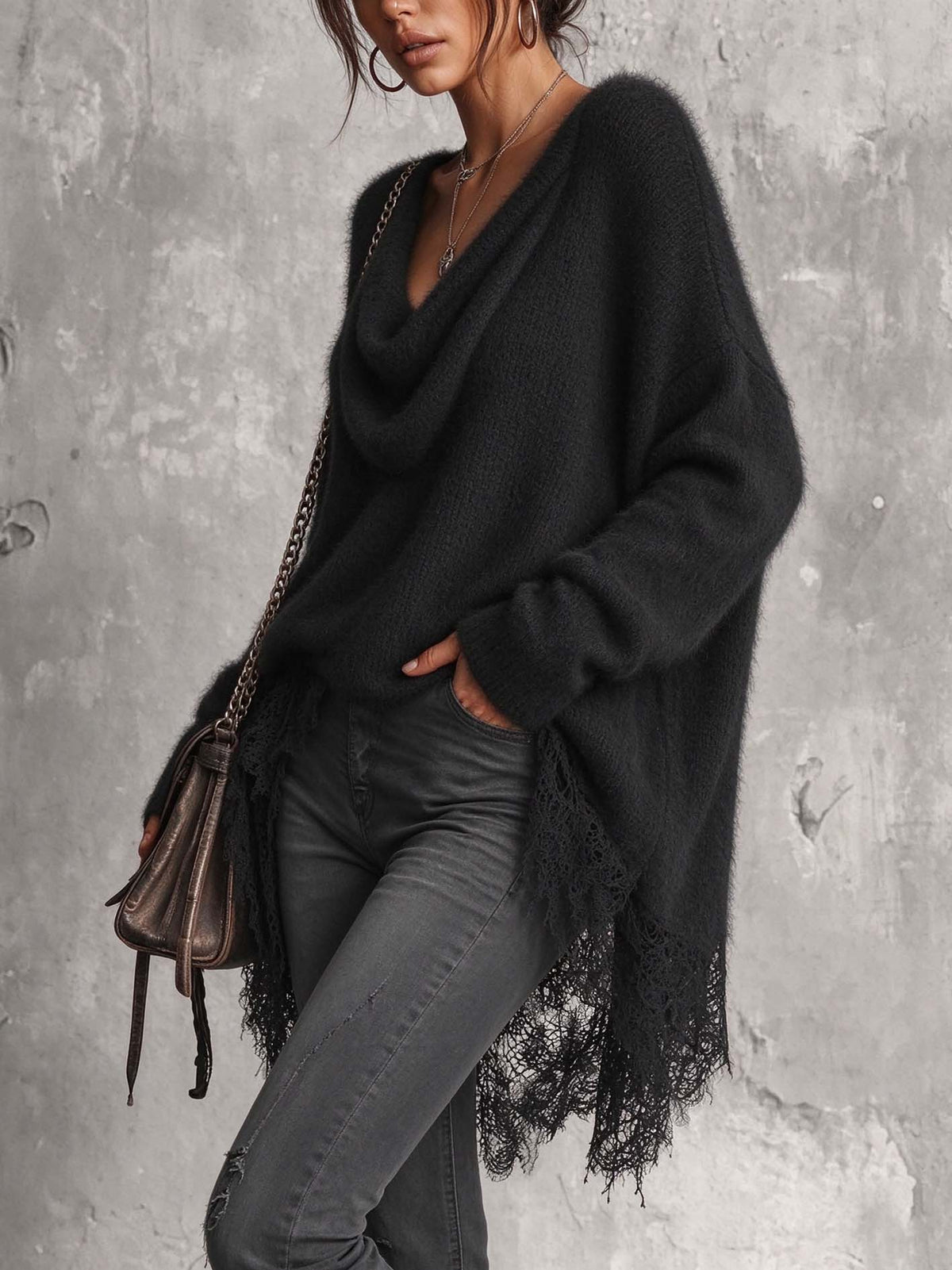 Black Fuzzy Mohair Sweater With Draped Cowl Neck And Asymmetric Lace Hem