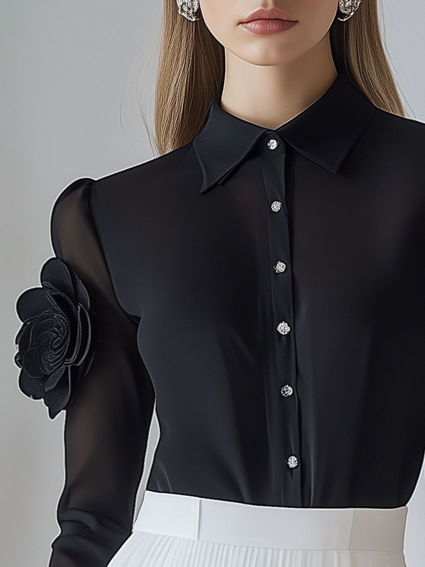 Black Chiffon Blouse With 3D Flower Decoration On Sleeves