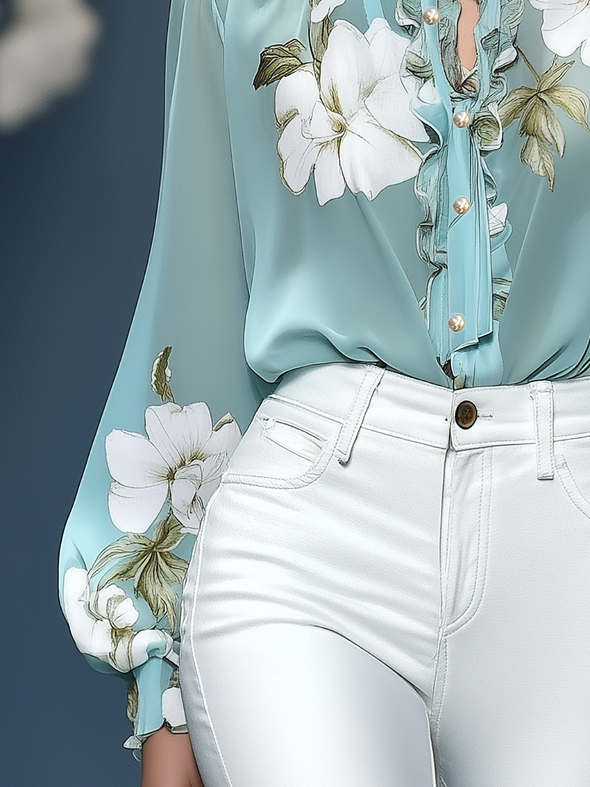 Cyan Chiffon Blouse With White Flower Print