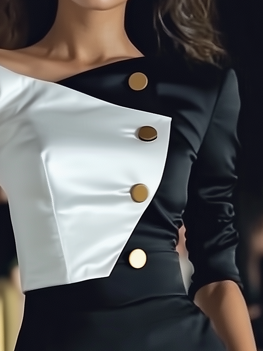 Black And White Stitching V-neck Satin Shirt With Gold Buttons