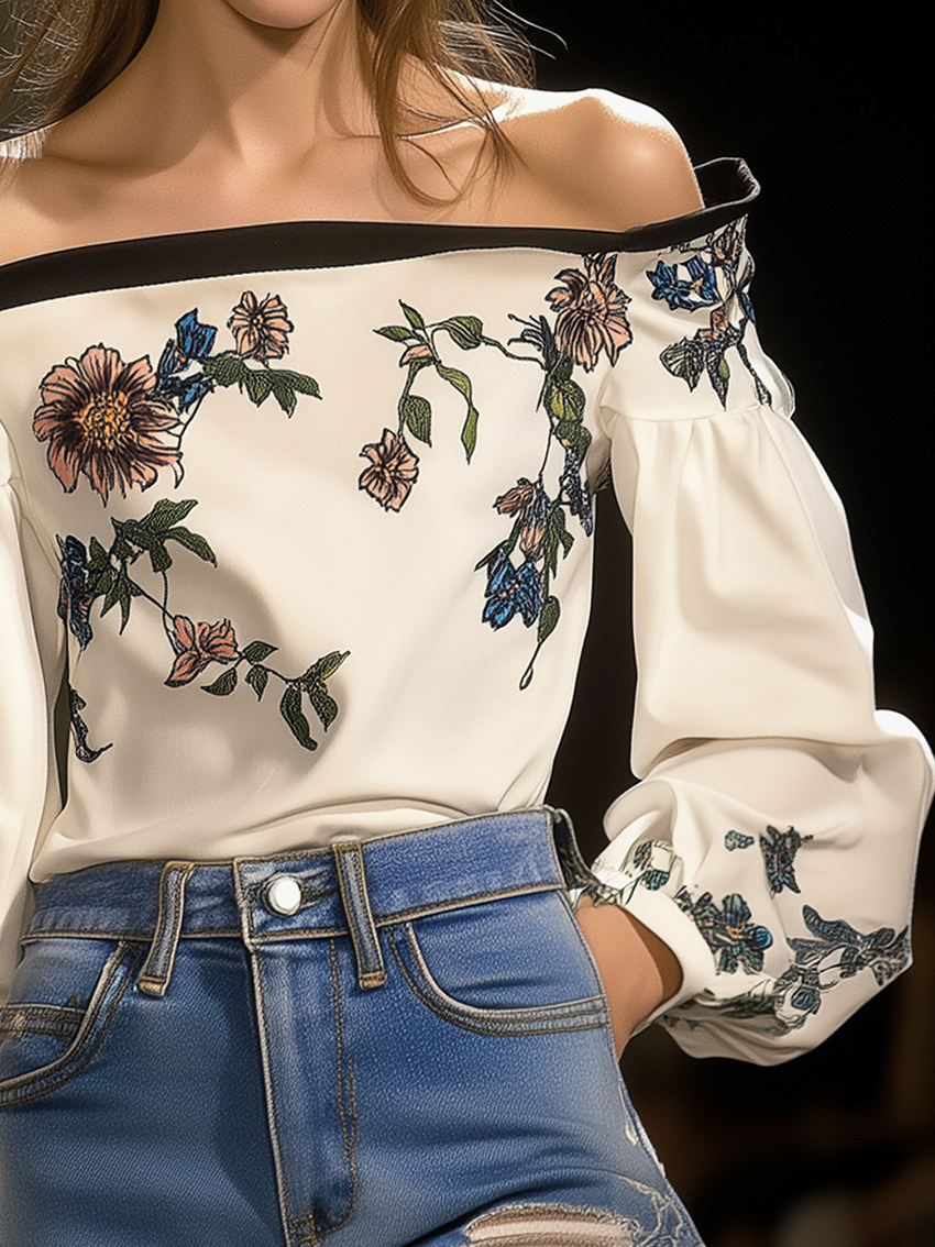 Off Shoulder White Shirt With Flower Print And Black Trim