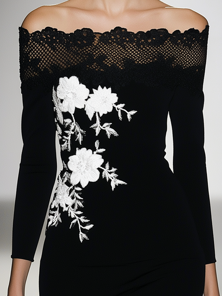 Off-Shoulder Black Midi Bodycon Dress With Lace Neckline And White Flower Embroidery