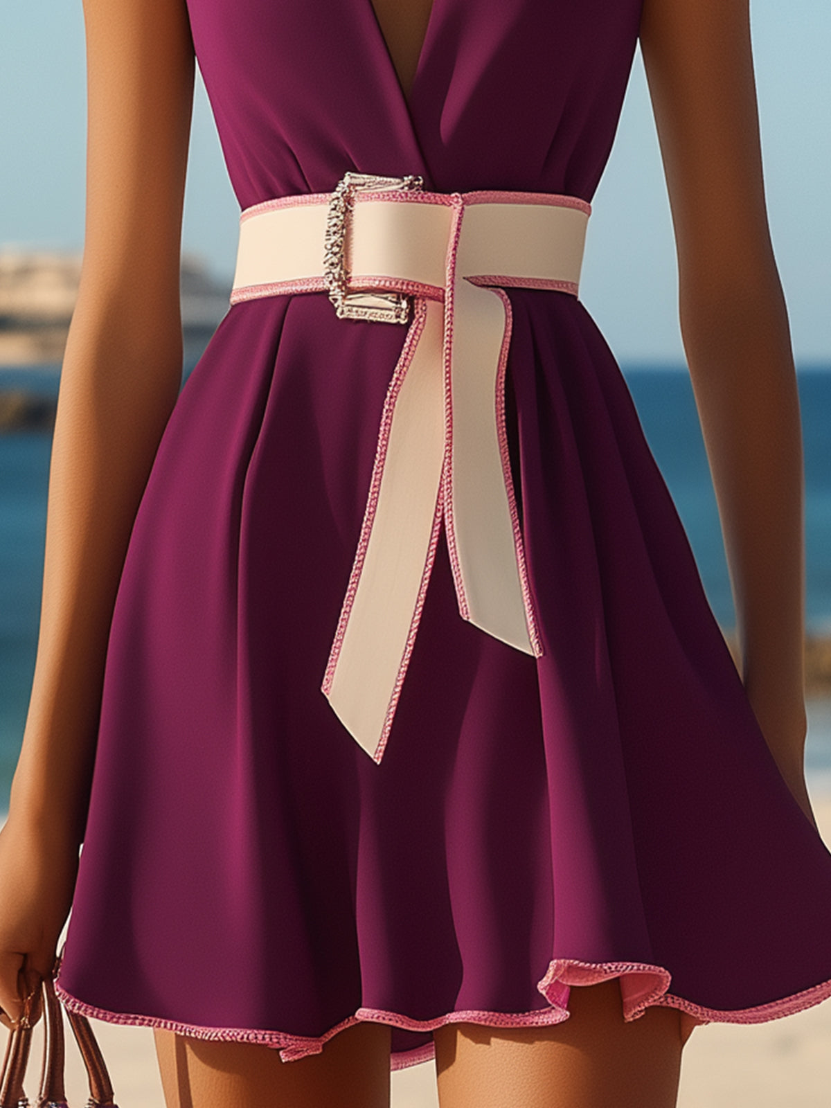 Elegant Mini Dress With Contrast Belt And Trim