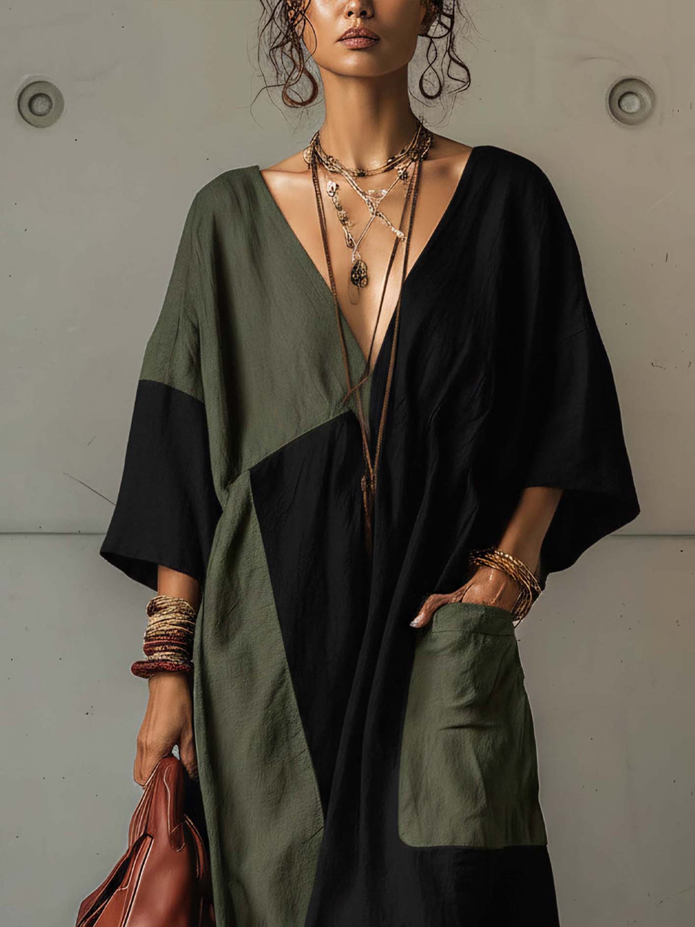 Colorblock Army Green Black Cotton Linen V-Neck Maxi Dress