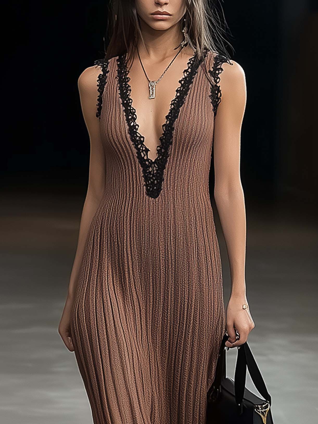 Brown Knitted Maxi Dress With Black Lace Neckline
