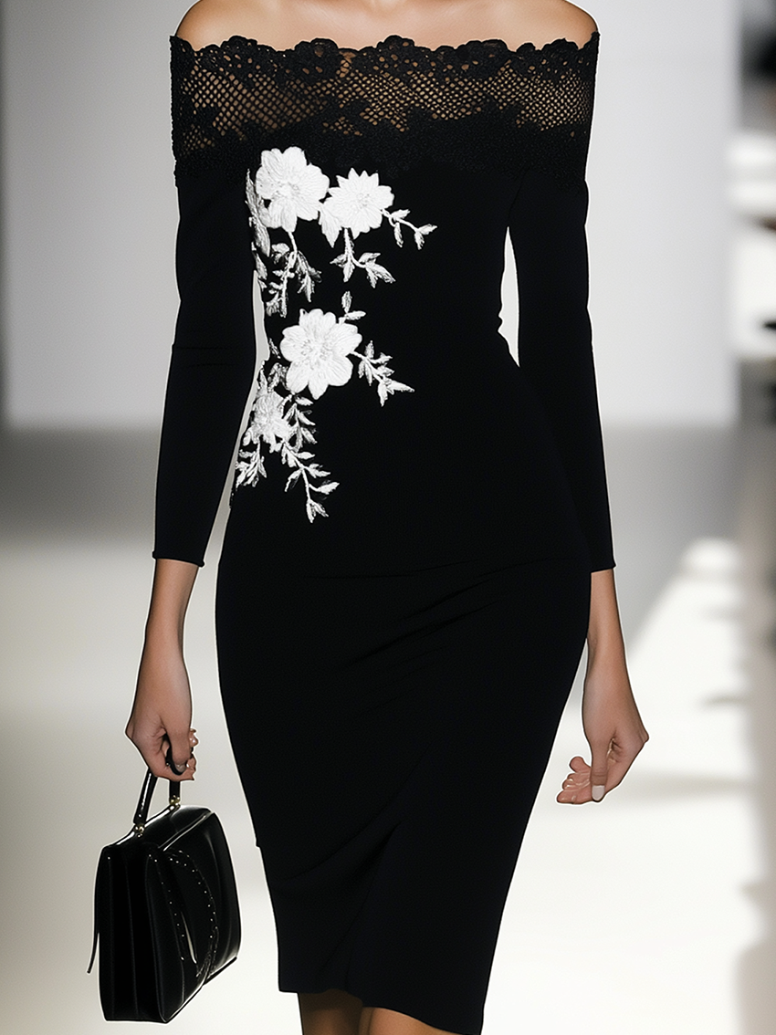 Off-Shoulder Black Midi Bodycon Dress With Lace Neckline And White Flower Embroidery