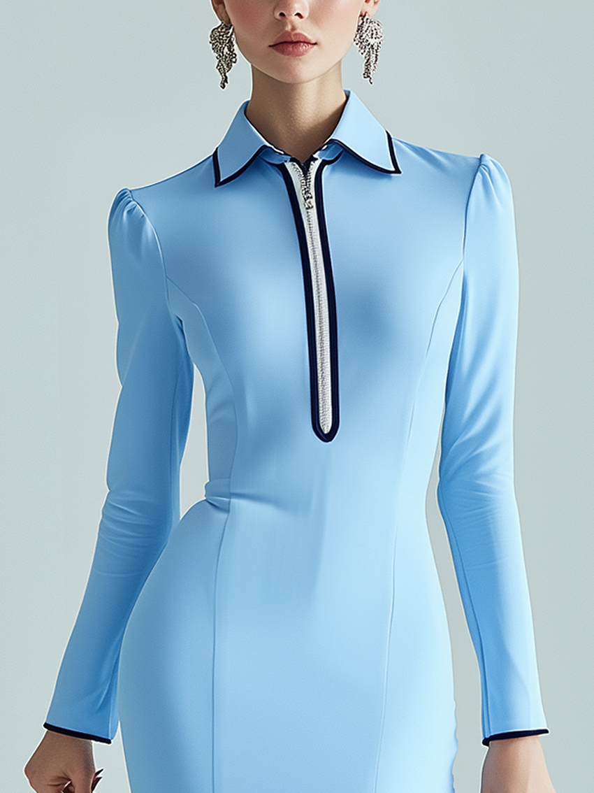 Sky Blue Midi Body On Shirt Dress With Zipper