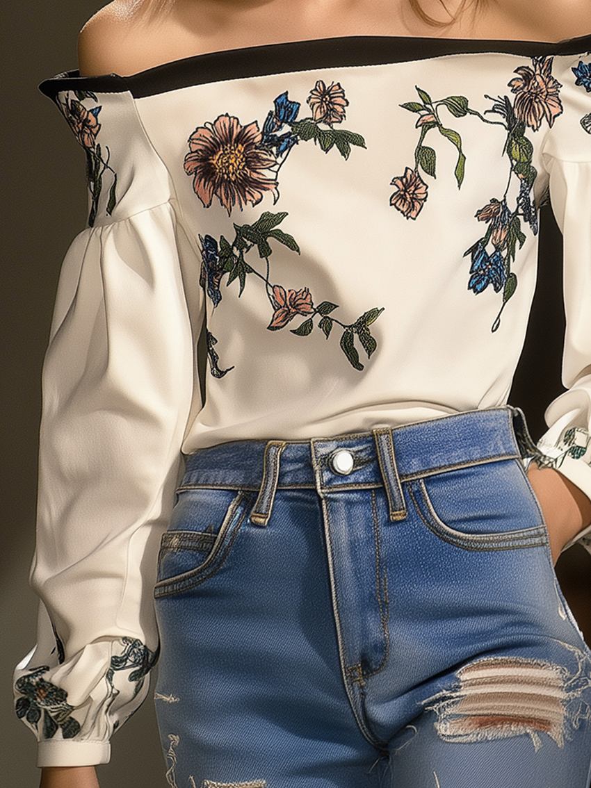 Off Shoulder White Shirt With Flower Print And Black Trim