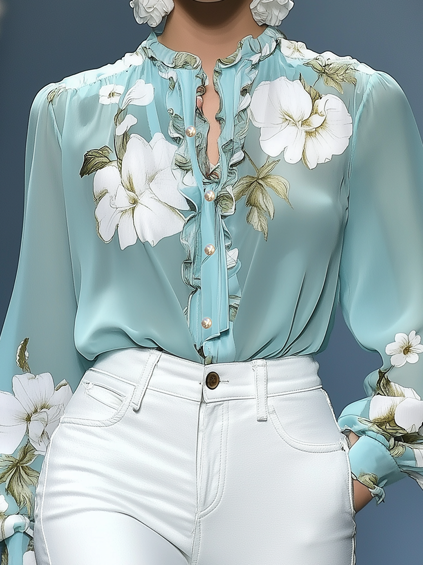 Cyan Chiffon Blouse With White Flower Print