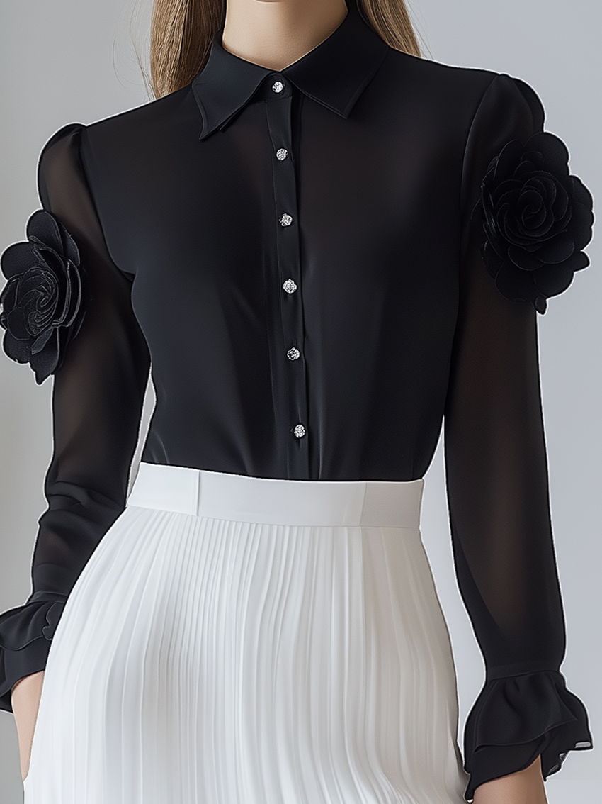 Black Chiffon Blouse With 3D Flower Decoration On Sleeves