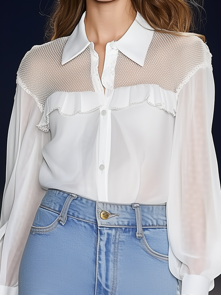 White Elegant Chiffon Blouse With Collar Stitching Mesh