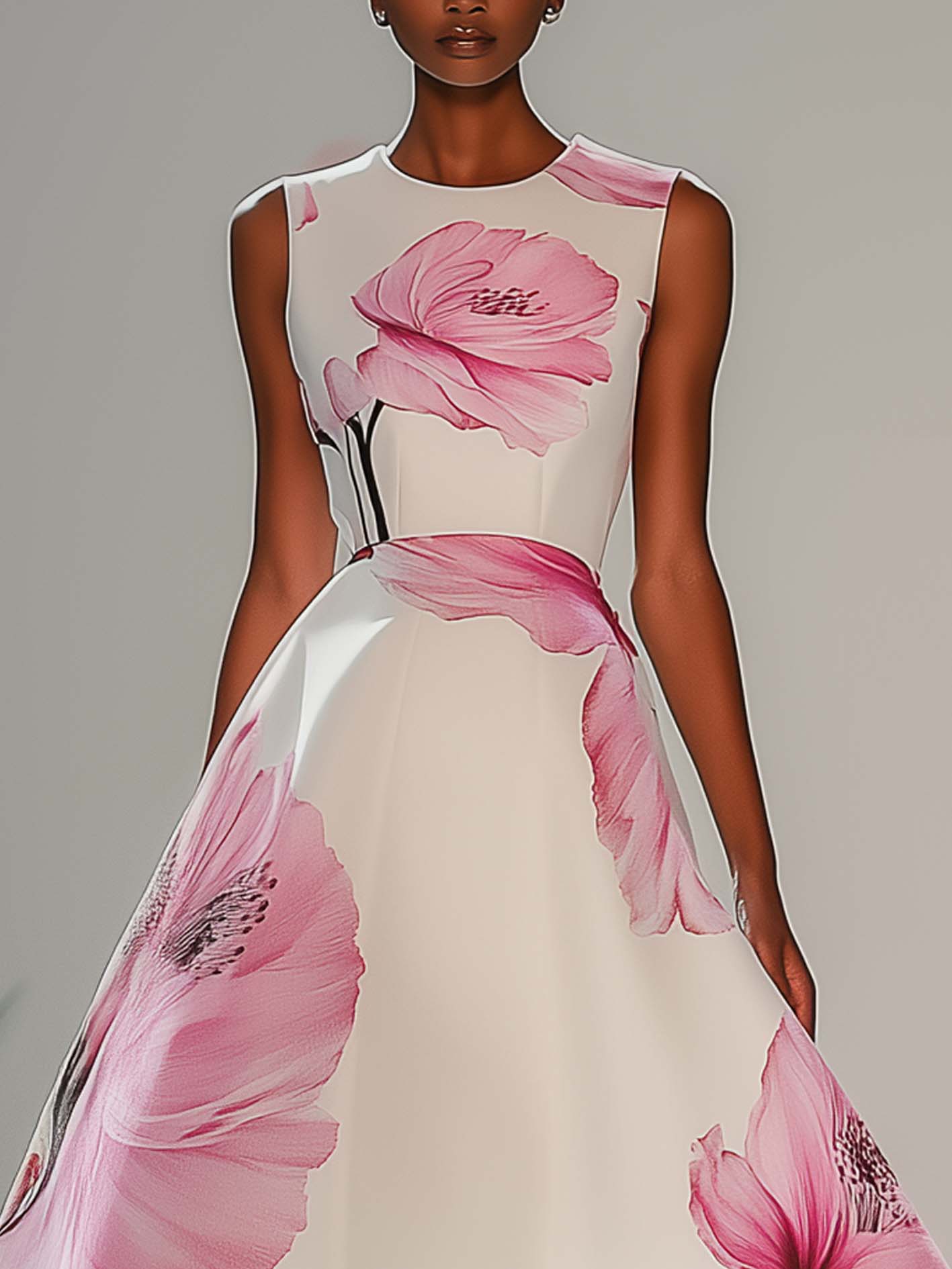 White Midi Dress With Pink Flower Print