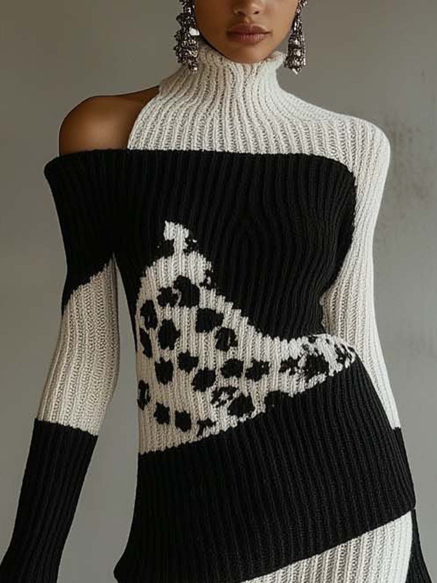Cold Shoulder White Knitted Mini Dress With Leopard Print And Black Color Blocks