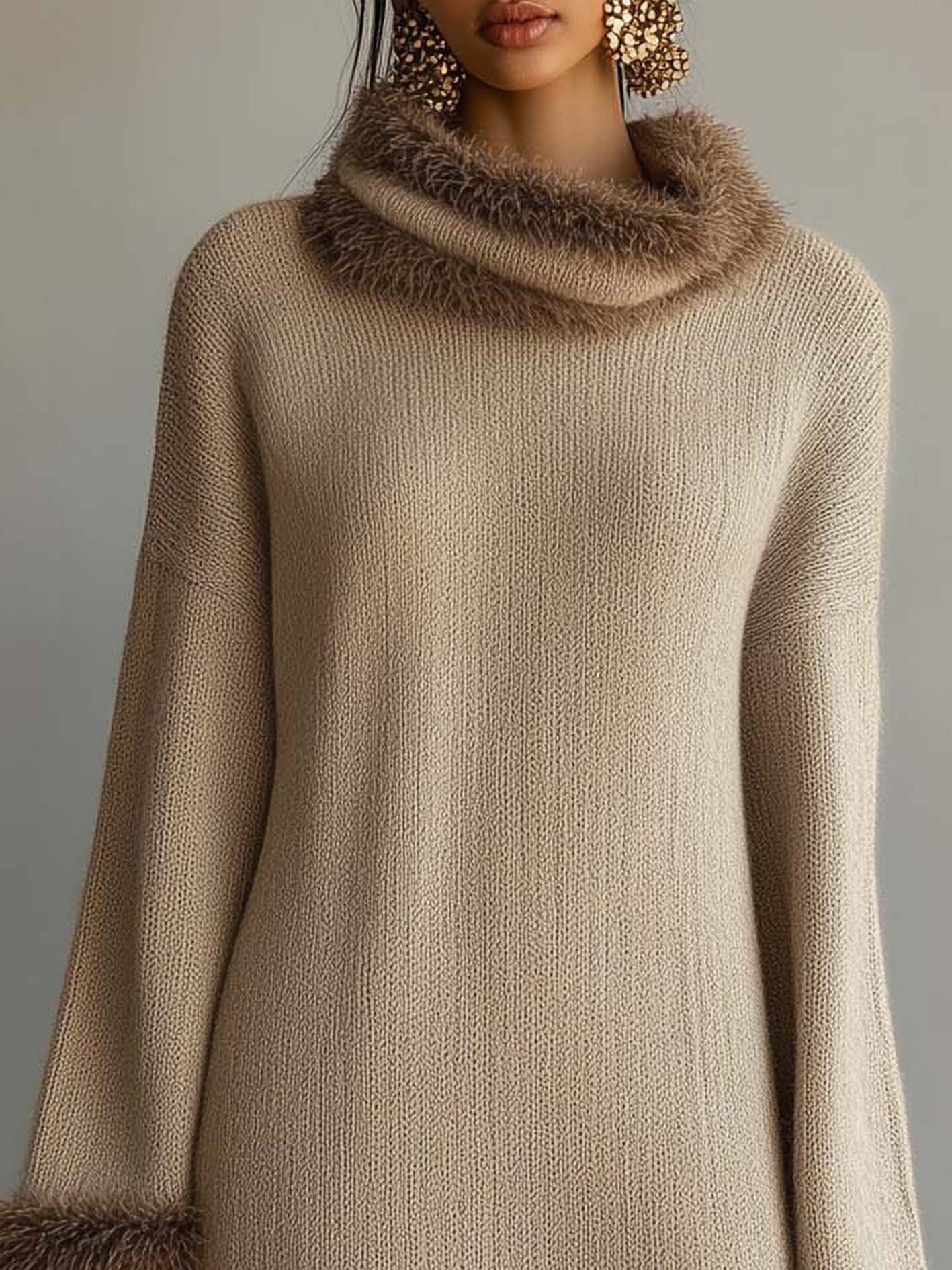 Beige Knitted Mini Dress With Brown Plush Trim