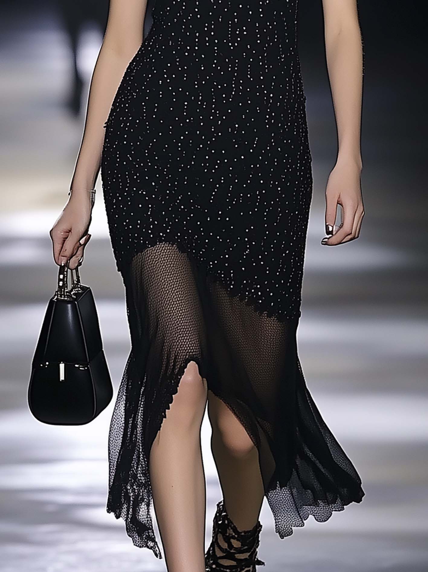 Black Polka Dot Midi Bodycon Dress With Mesh Stitching