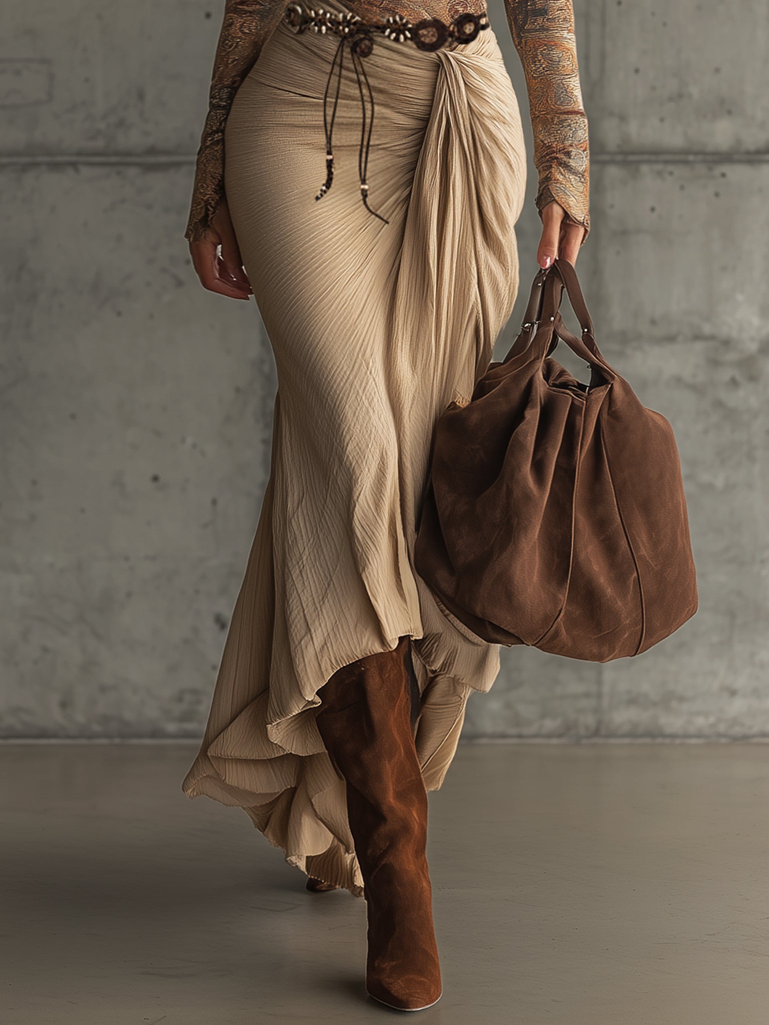 Light Brown Printed Top And Skirt Set With Bohemian Belt