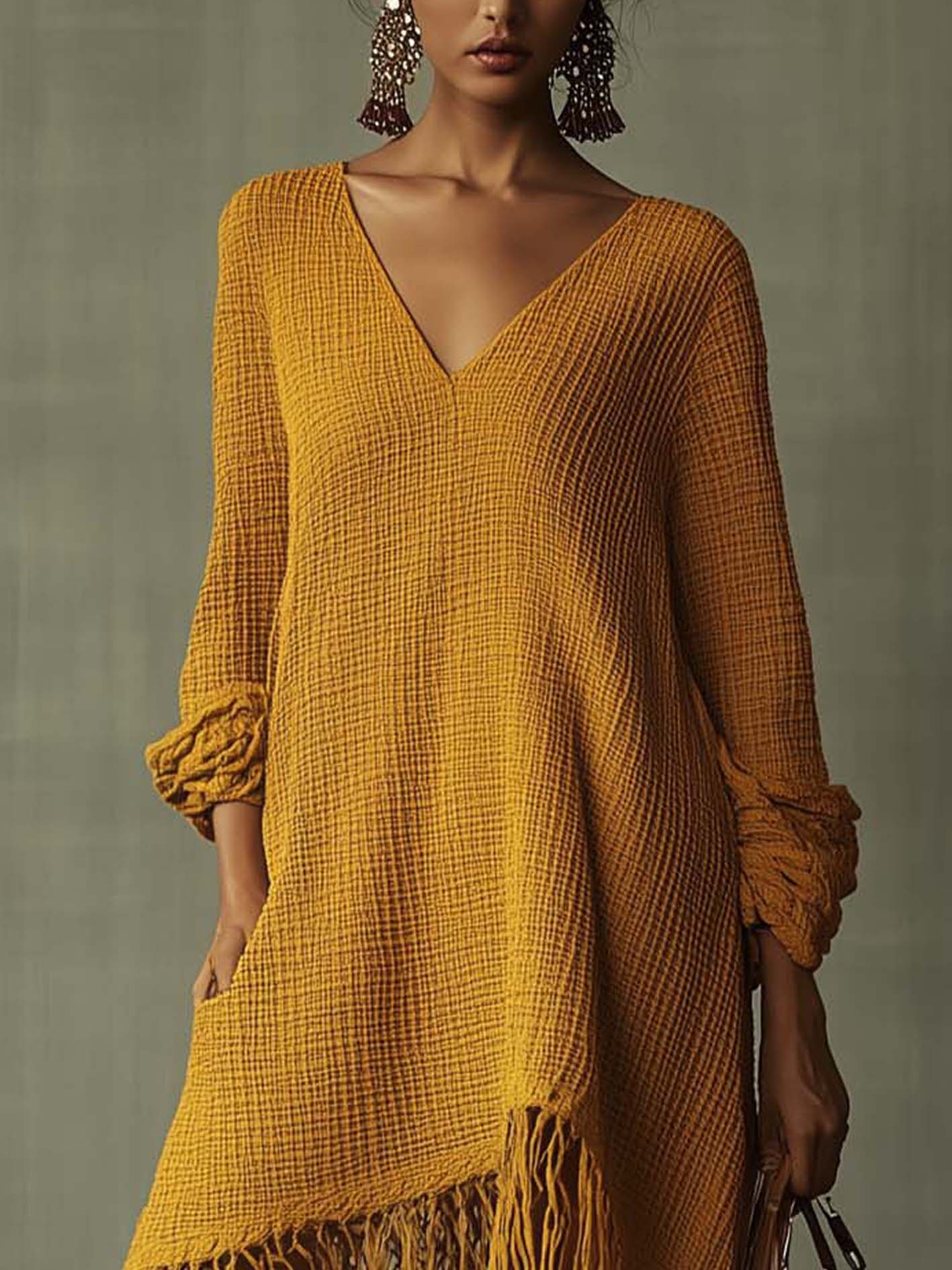 Yellow Waffle Texture Midi Dress With Tassels