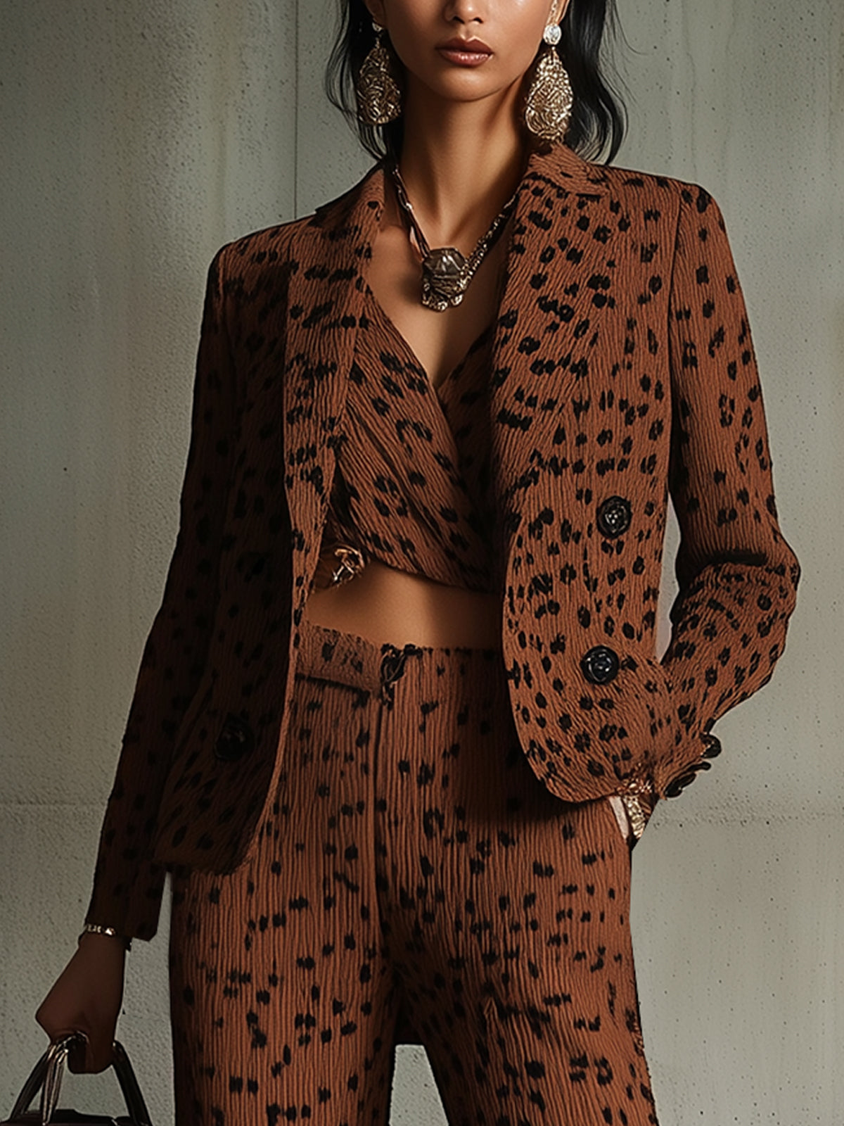 Animal Print Knit Blazer And Flared Pants Set